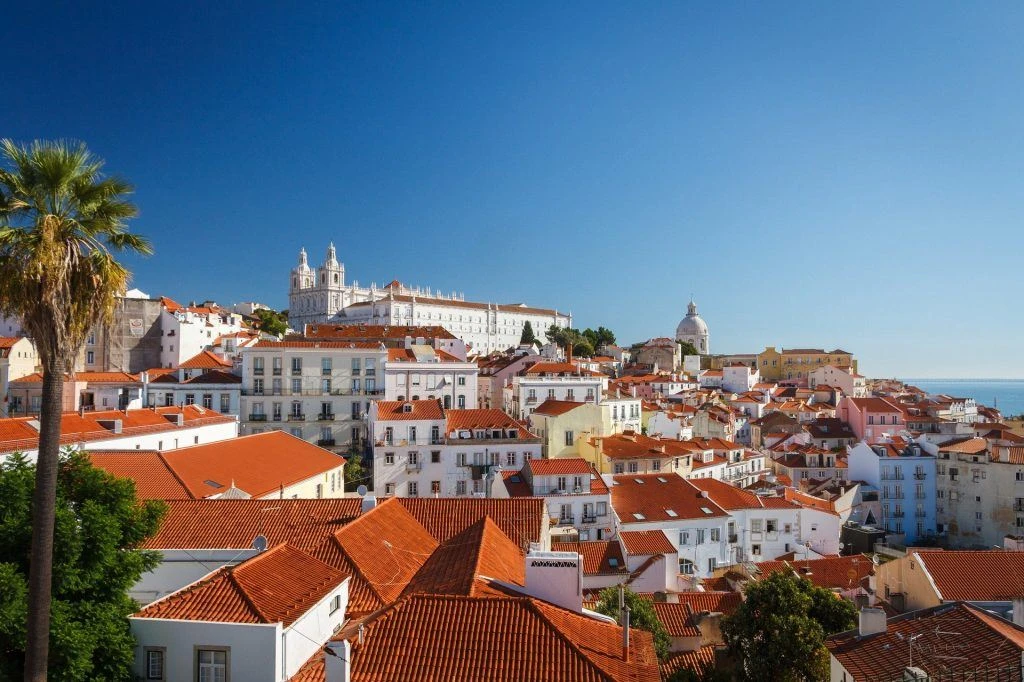 altstadt in portugal mit einer kathedrale und dem meer im hintergrund